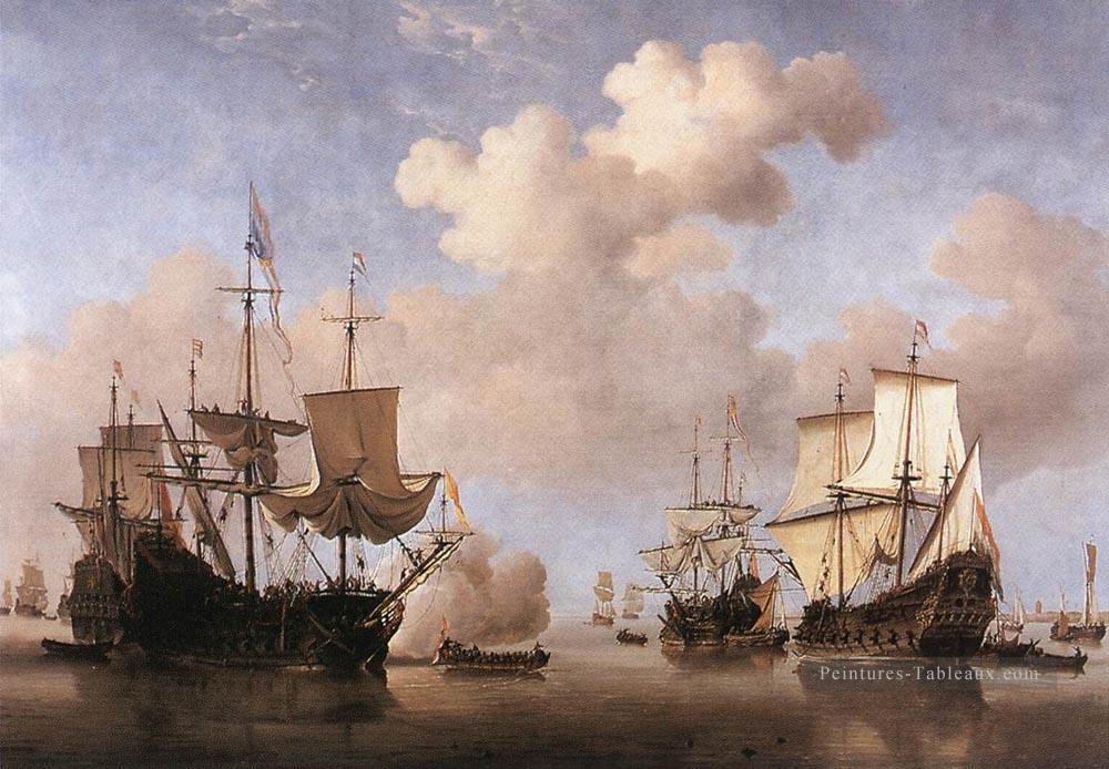 Les navires hollandais calmes viennent à ancre marine Willem van de Velde le jeune bateau Peintures à l'huile